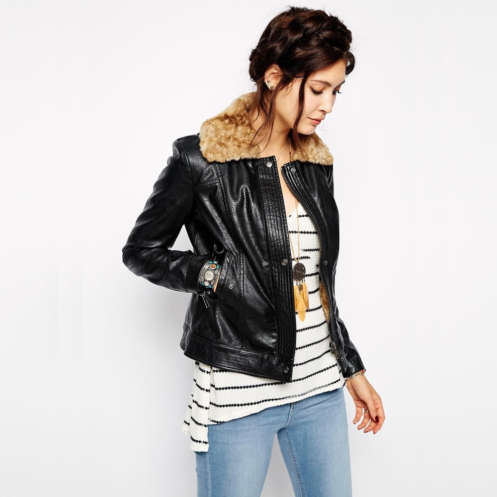 Free People Faux Fur Vegan Leather Bomber Jacket 4